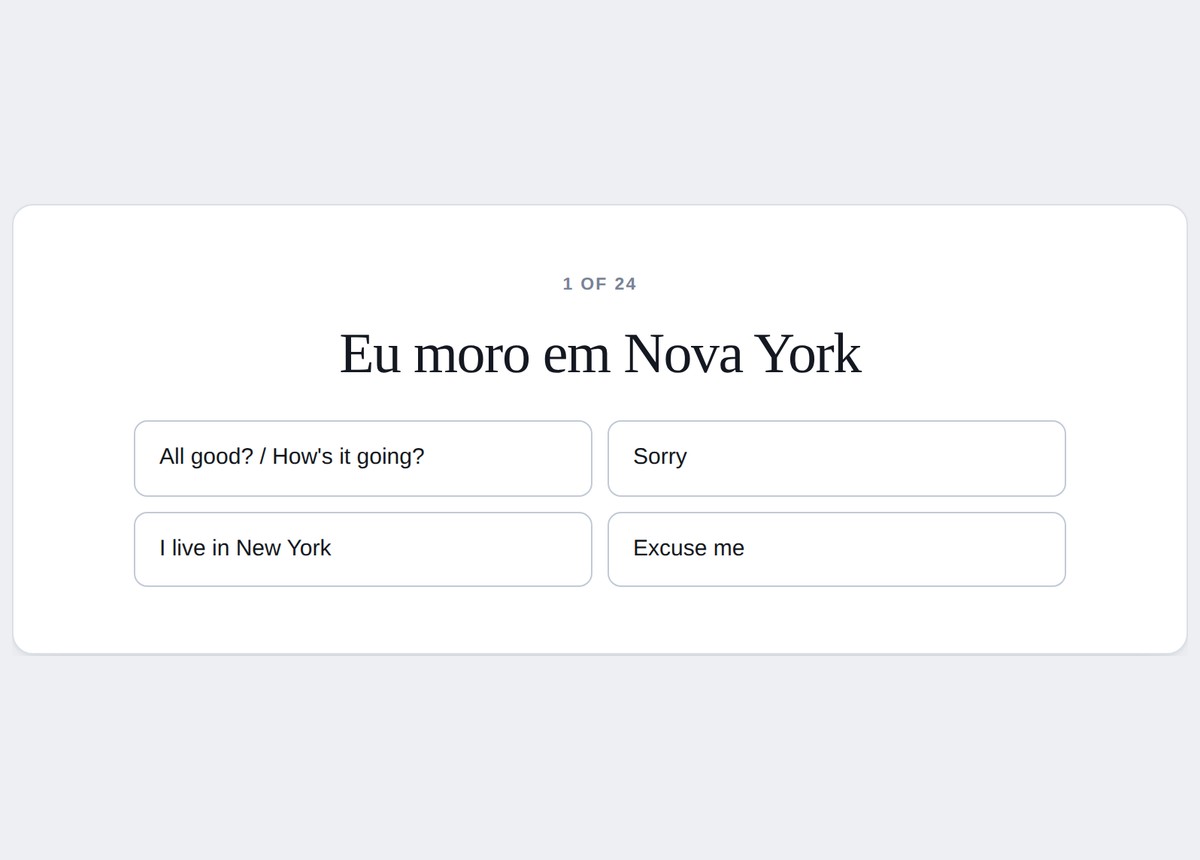 A multiple-choice quiz screen in Caderno de Portugu&ecirc;s